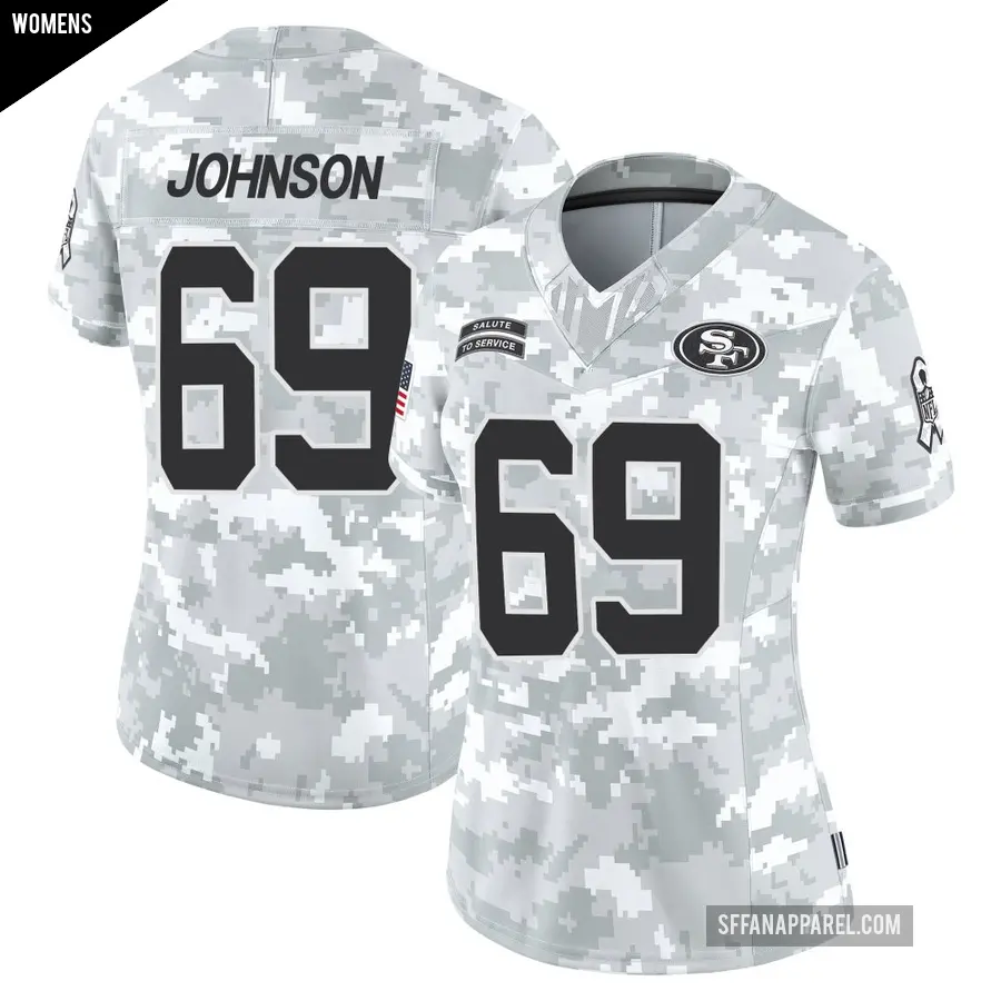 Women's San Francisco 49ers ＃69 Zack Johnson Arctic Camo Limited Francisco 2024 Salute to Service Jersey